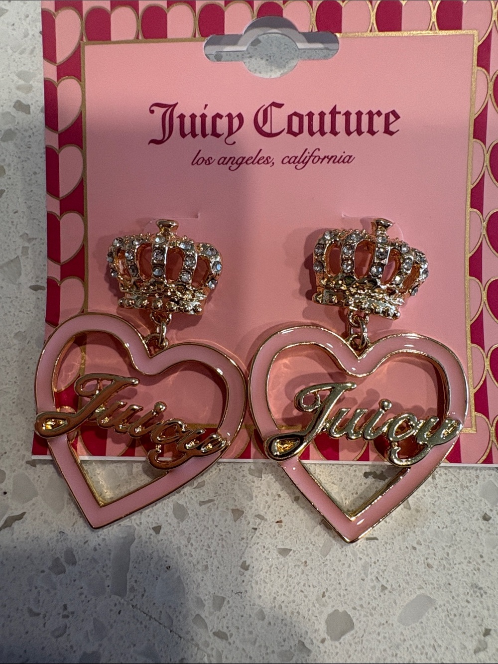 Juicy Couture Gold-Tone Pink Heart Crown Drop Earrings